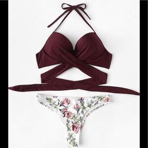 Two piece maroon/ floral swim suit